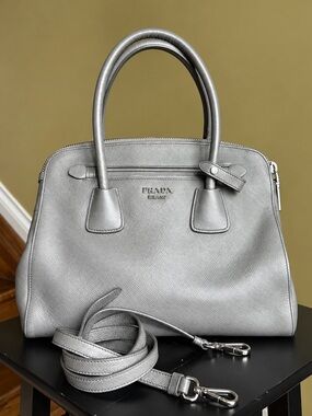 Prada Grey Saffiano Dome Leather Satchel Totel Bag with Strap